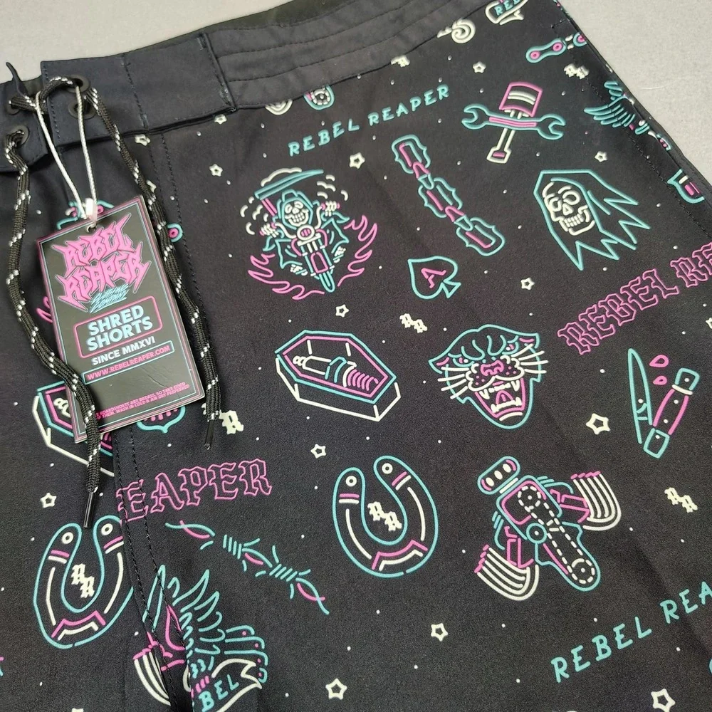 Rebel Reaper Boardshorts Swim Trunks Men 3XL Black Shorts Tattoo Print Biker NEW